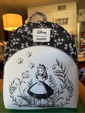 NWT Disney Loungefly Alice in Wonderland Sketch Mini Backpack Black White Floral